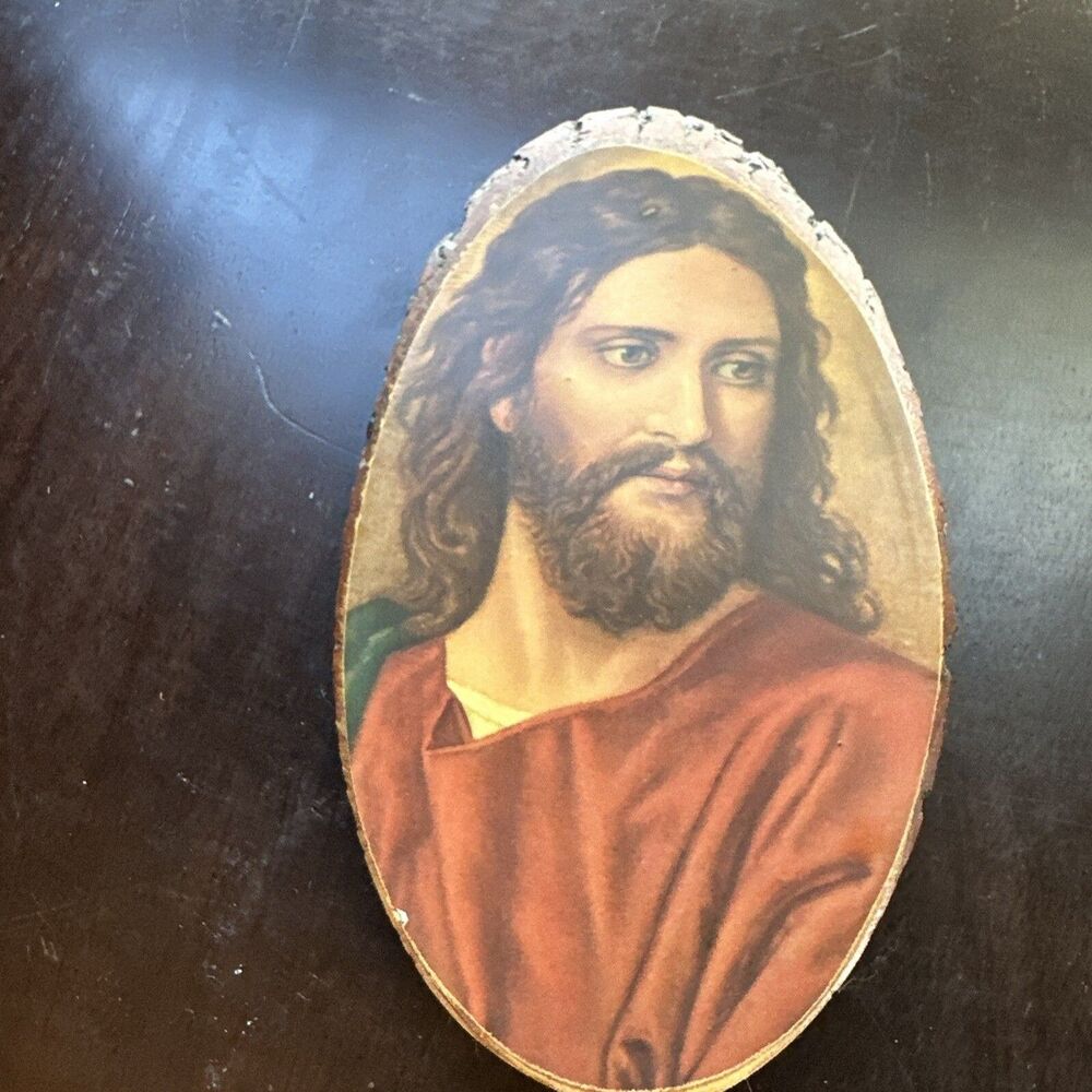 Vintage Jesus Portrait on Wood Slab Label 505 Head Of Christ with Wall Hanger